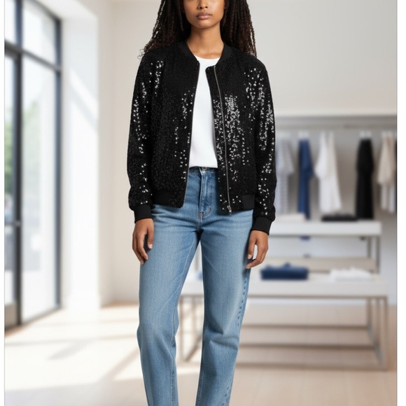 Women’s Plus Size Black Sequin Bomber Jacket. Plus SZ 3X - Picture 1 of 10